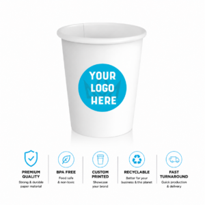 8 oz. Custom Printed White Paper Hot Cups–Single Wall–1000/Case