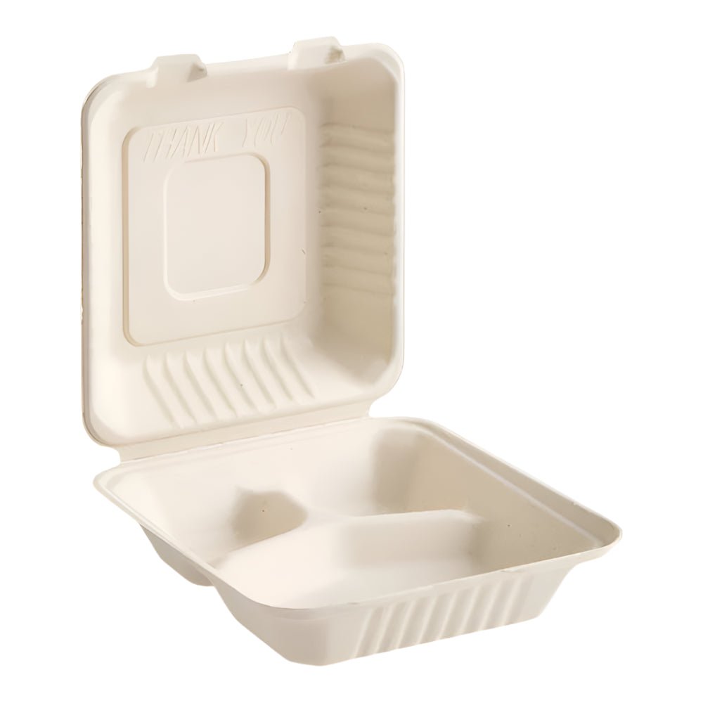 8" x 8" Bagasse Clamshell, 3 Compartment-200 pcs - Imagen 2