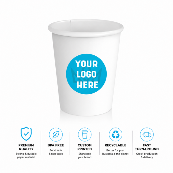 8 oz. Custom Printed White Paper Hot Cups–Single Wall–1000/Case