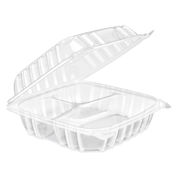 9" x 9" PET Clear Clamshell, 3 Compartment-200 pcs